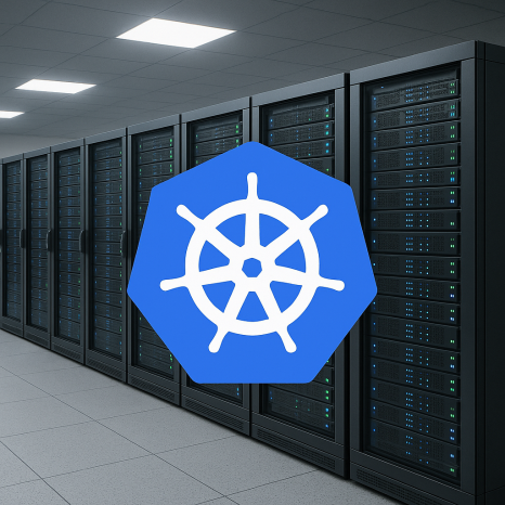 Ein Bild von einem Rechenzenturm mit Kubernetes-Logo
